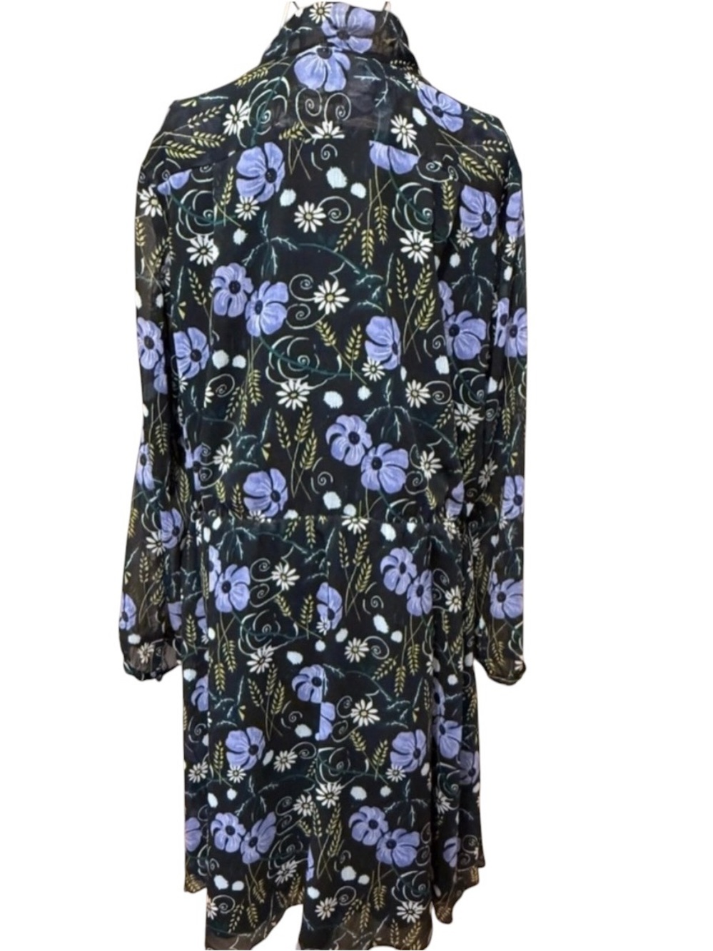 Banana Republic Floral Midi Dress Black Blue Sheer Long Sleeve A-Line Chiffon XL - Picture 2 of 7